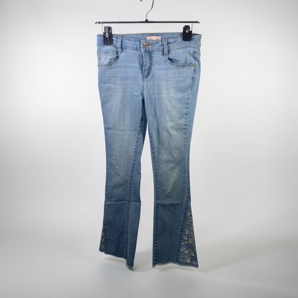 Squeeze Girls Light Wash Embroidered Flare Jeans Size 12 Frayed Hem Stretch